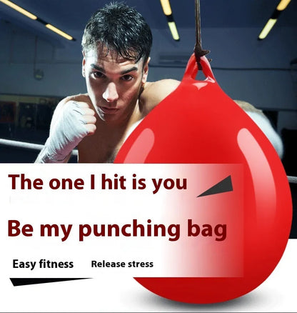 Red water-filled PVC boxing reaction ball with hook rope for hanging speed training drills.