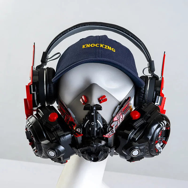 Men's wireless Bluetooth headphones with tech mecha design in red, blue, pink, and white colour options