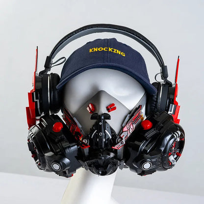Men's wireless Bluetooth headphones with tech mecha design in red, blue, pink, and white colour options