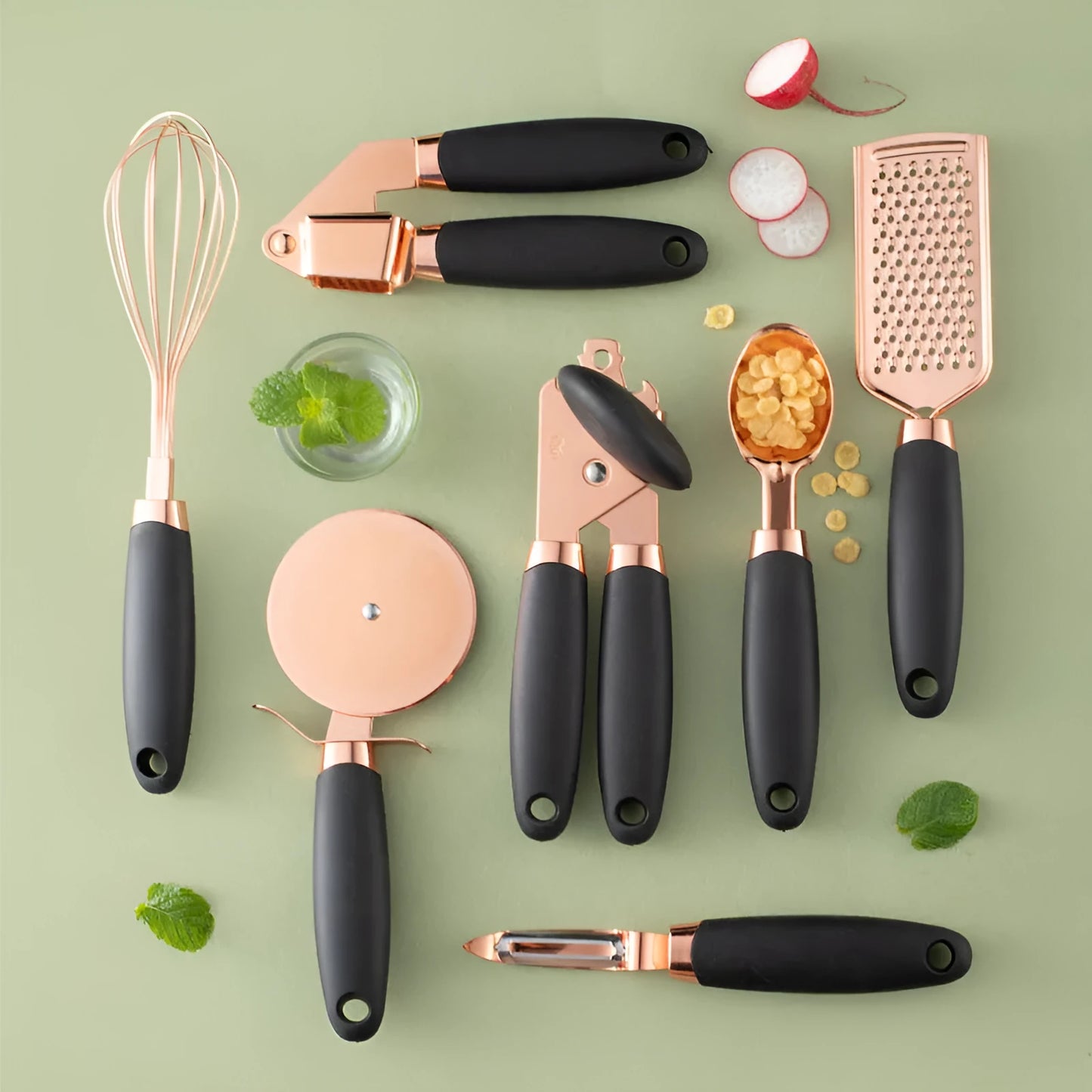 7-piece stainless steel kitchen tool set with copper finish on a countertop storage rack.