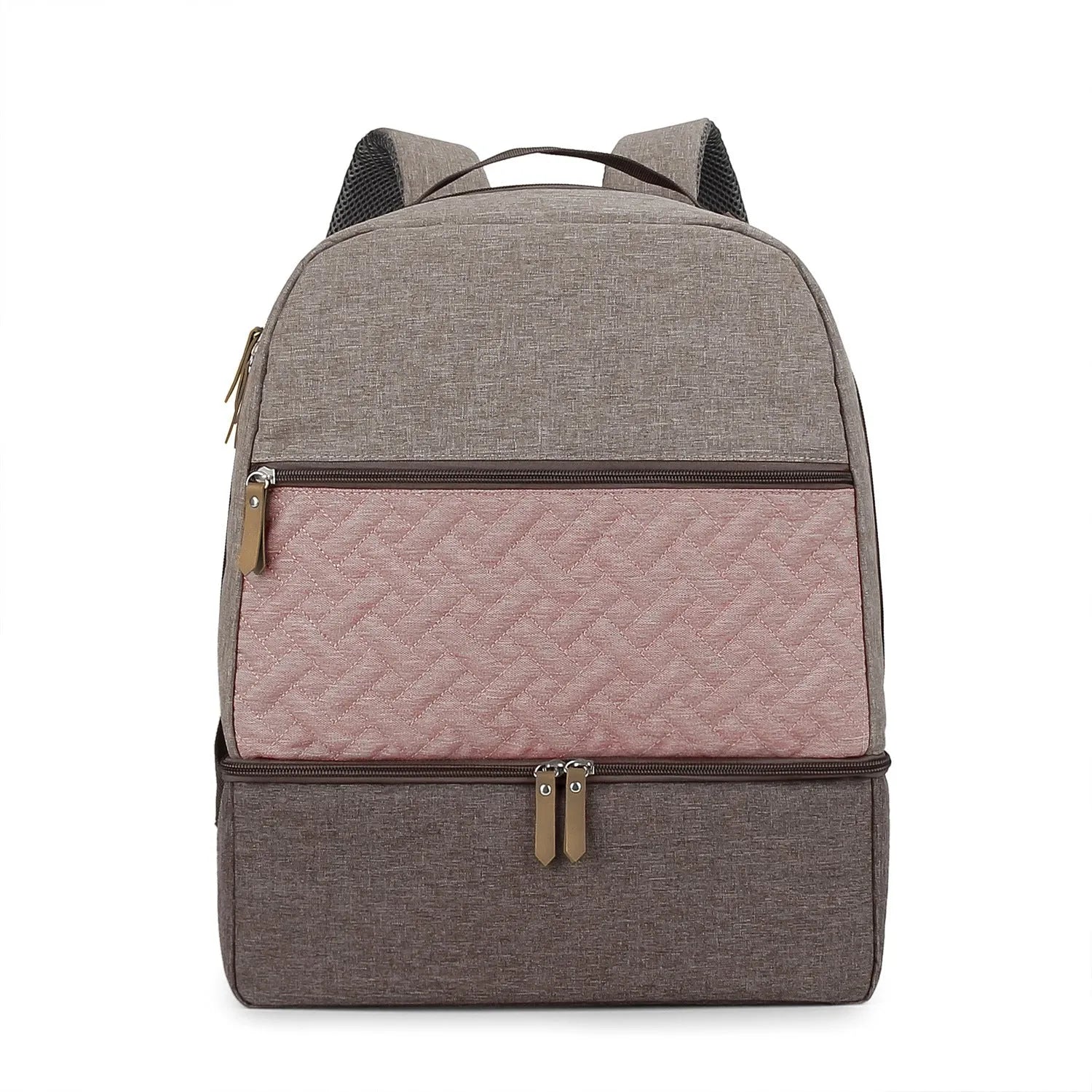 Grey insulated mother and child travel backpack with curved shoulder straps shown from the side