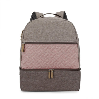 Grey insulated mother and child travel backpack with curved shoulder straps shown from the side