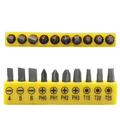 L-shaped double-headed socket wrench with ten screwdriver bits on steel background