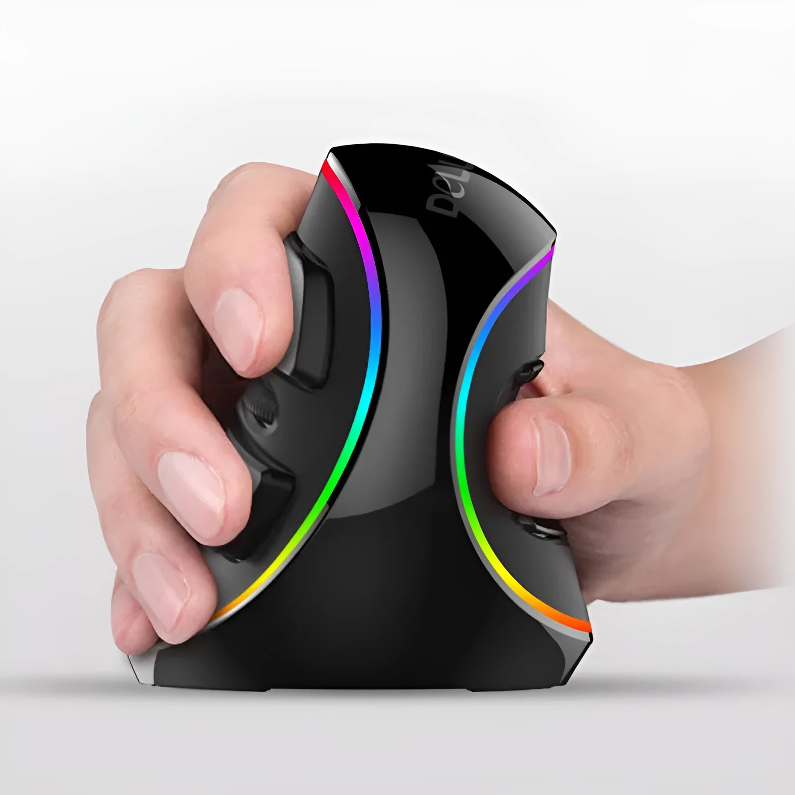 Black vertical ergonomic snail-shaped computer mouse with RGB lighting and USB cable.