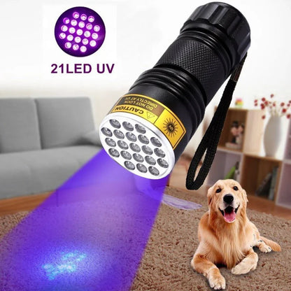 Silver aluminium UV flashlight measuring 95mm with 21 LED array for 395-400nm wavelength detection