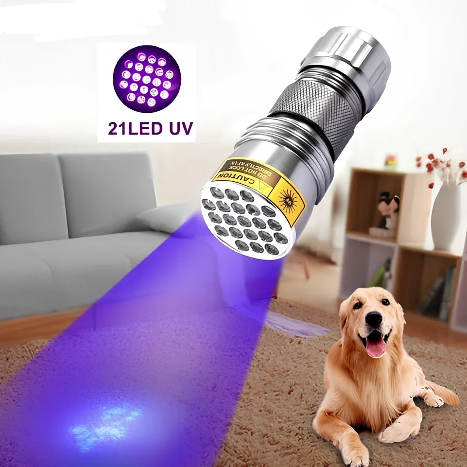 Silver aluminium UV flashlight measuring 95mm with 21 LED array for 395-400nm wavelength detection