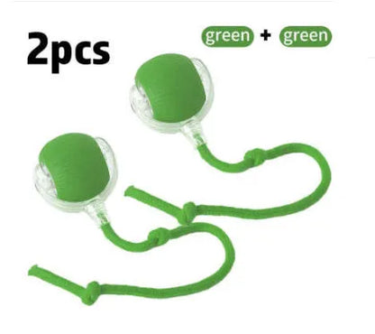 Silicone rolling ball cat toy showing red, green, and grey colour options with self-hi motion mechanism