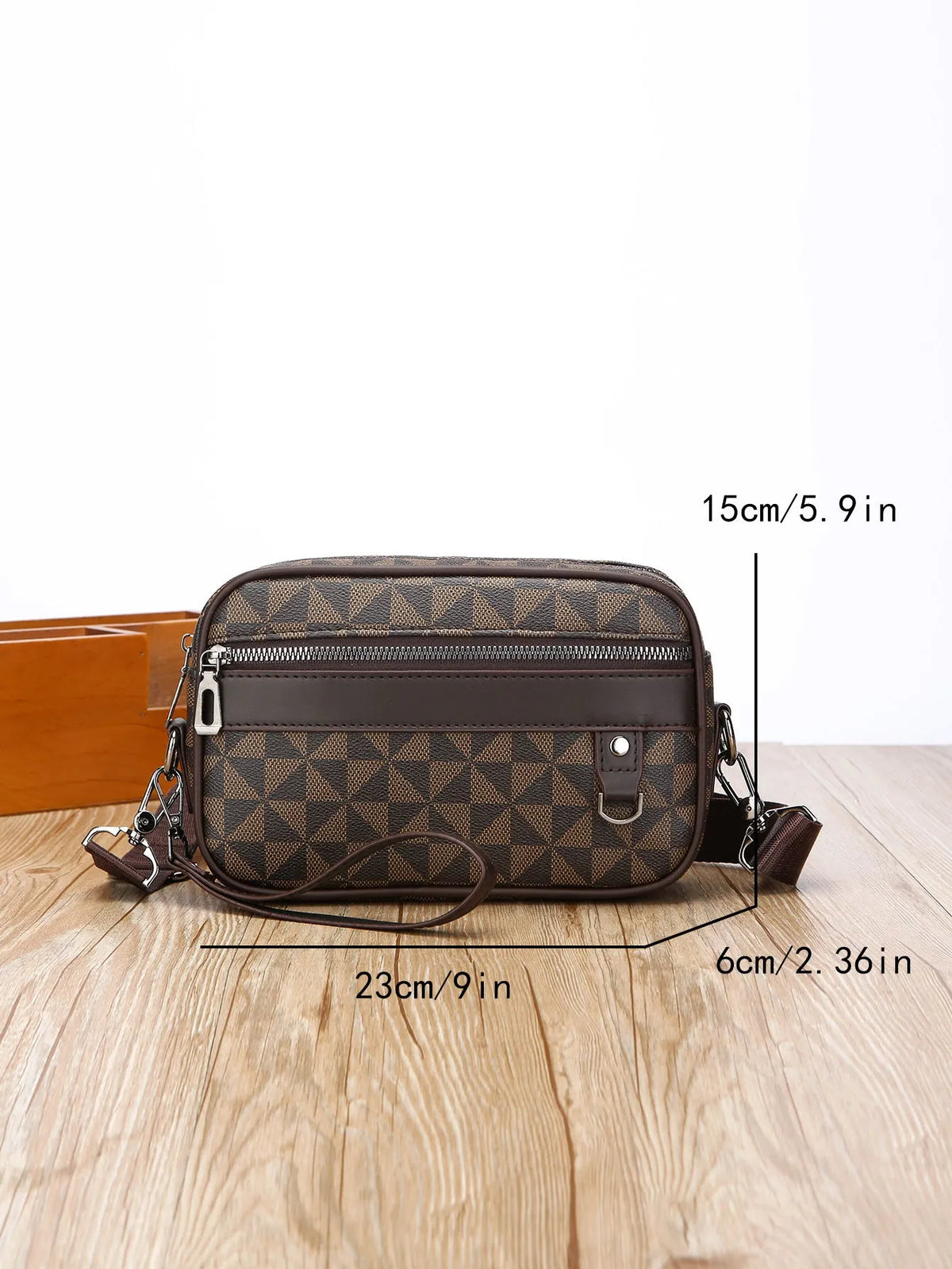 Men's casual geometric pattern messenger bag in PU leather with large capacity.