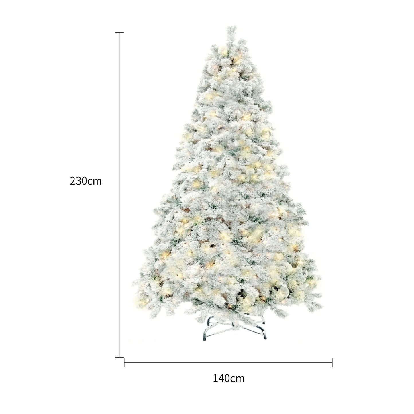 Green and white snow-dusted artificial Christmas tree on a metal stand, showing detailed PVC branches.