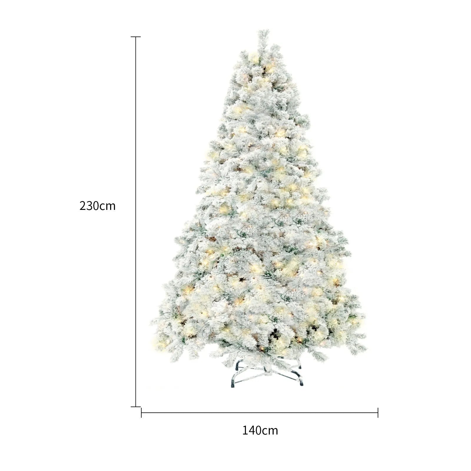 Green and white snow-dusted artificial Christmas tree on a metal stand, showing detailed PVC branches.