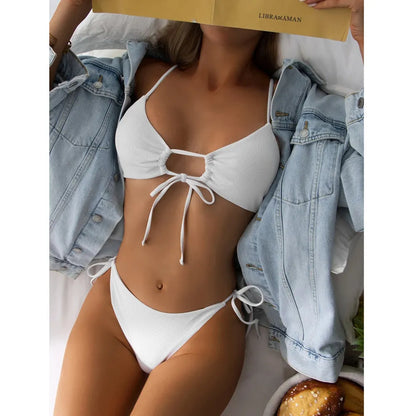 Women's solid colour drawstring bikini swimsuit in Army Green on a neutral background.