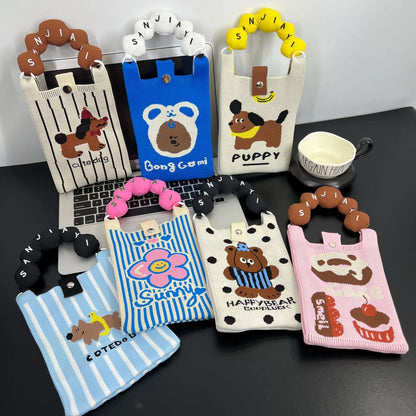 Cartoon knitted messenger bag with polyester construction and internal mobile phone storage