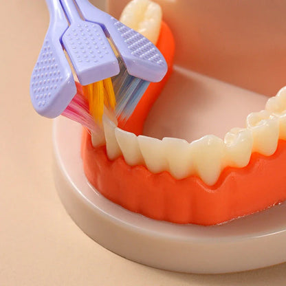 A soft bristle toothbrush with a unique triple-sided brush head for deep cleaning and customizable bristle firmness.