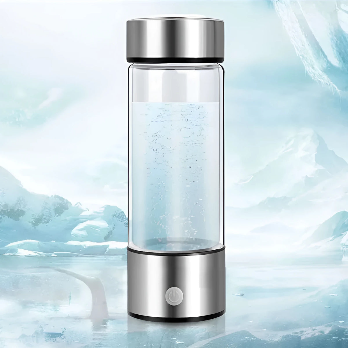 Portable hydrogen water bottle with glass chamber and stainless steel components showing electrolysis bubbles
