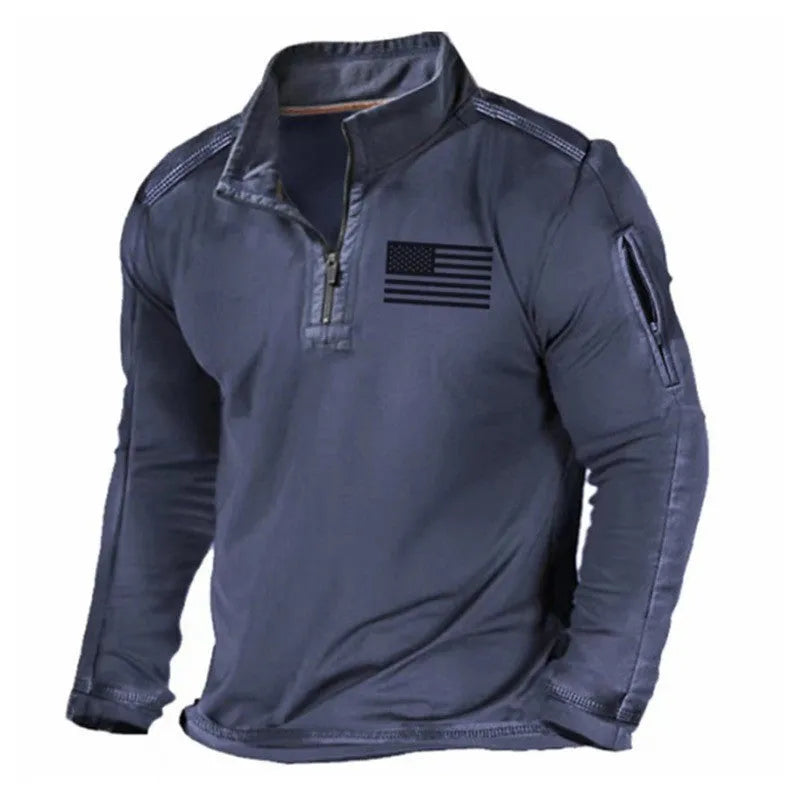 Men's zip-front sweater with stand collar in polyester fibre, showing full-length zip and long sleeves