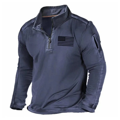 Men's zip-front sweater with stand collar in polyester fibre, showing full-length zip and long sleeves