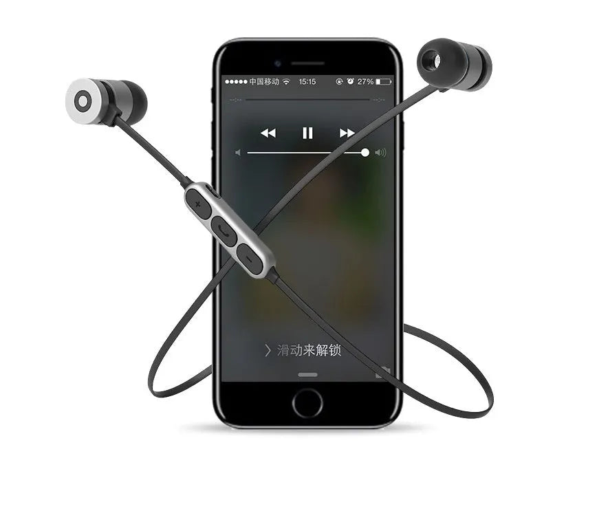 Black metal neck-mounted Bluetooth sports headset with magnetic in-ear earpieces