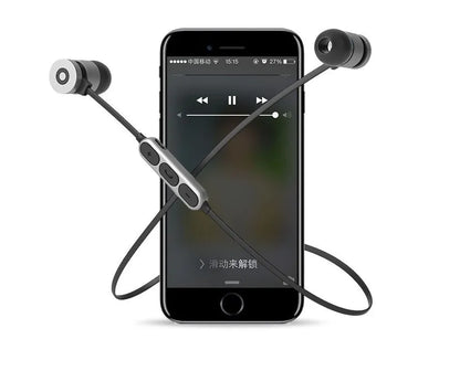 Black metal neck-mounted Bluetooth sports headset with magnetic in-ear earpieces