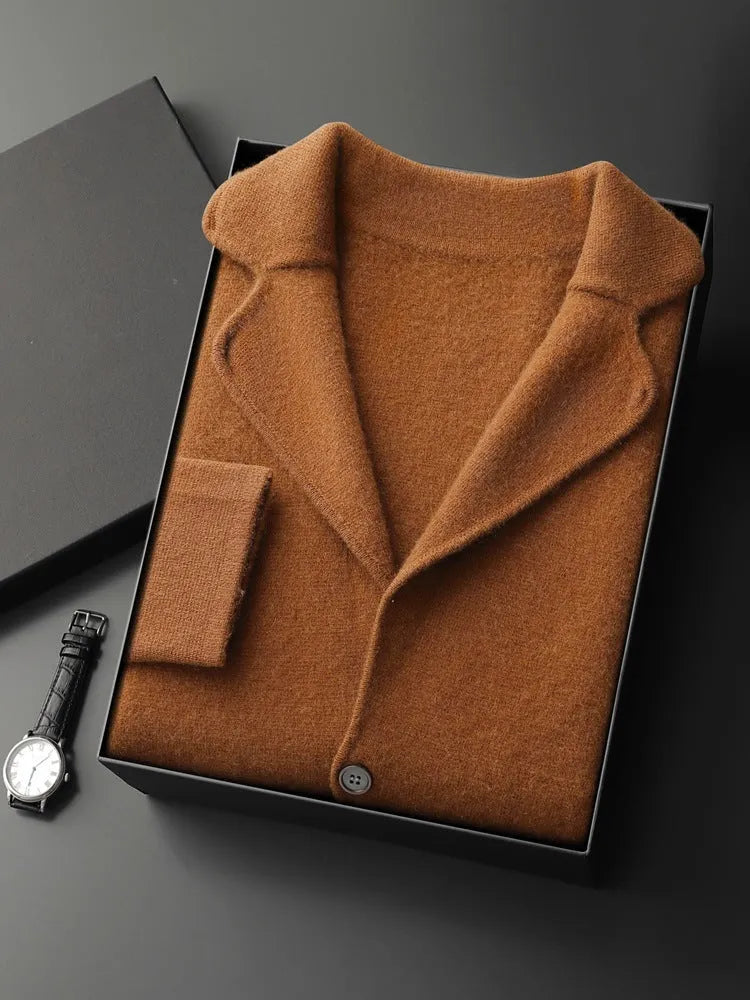Men's cashmere lapel collar cardigan jacket in light gray colour showing loose fit and knitted texture