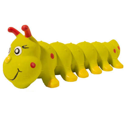 Yellow rubber caterpillar dog toy with squeaker for small medium dogs