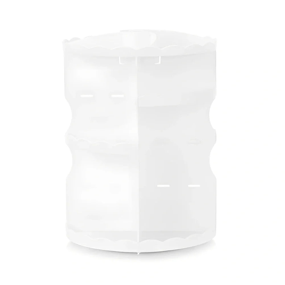 Pink rotating cosmetics storage box with 360-degree mechanism and 23 x 30.5cm dimensions organising bathroom items