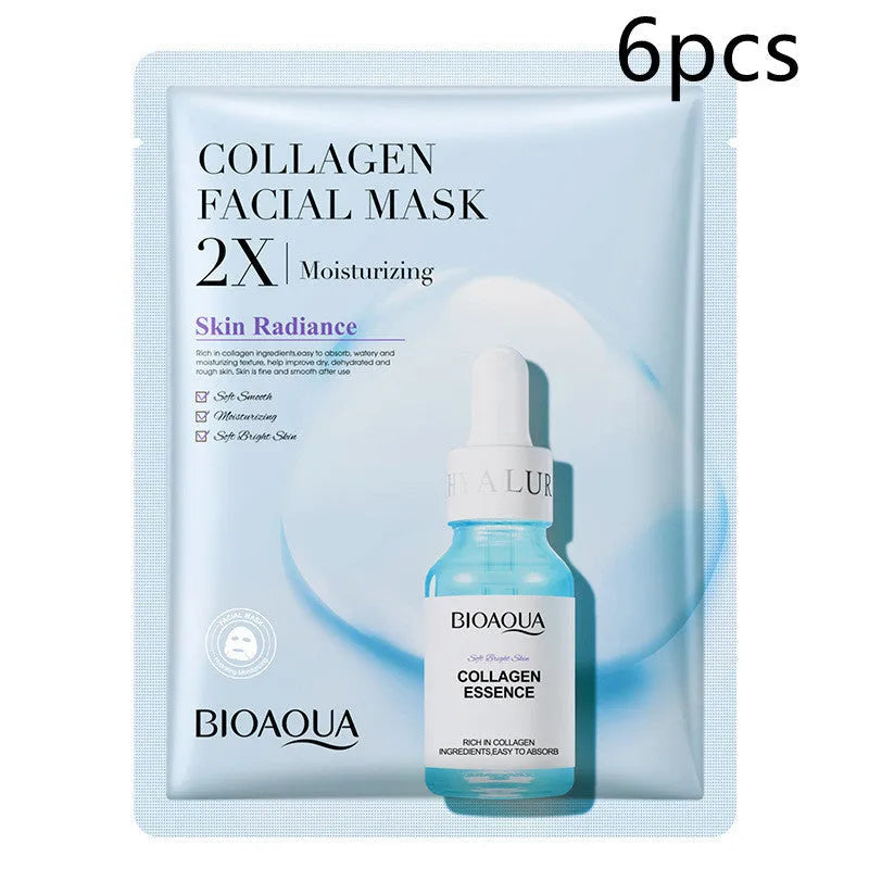 White collagen and hyaluronic acid facial sheet mask in 30g gel format on skin