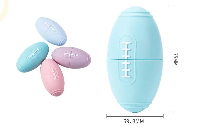 Blue silicone rugby ball dog toy with ridges and hollow centre for treats