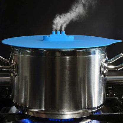 Creative silicone pot lid in blue color, designed with a unique shape and hook for easy storage
