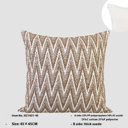 Chinese ancient style 45cm square cushion with geometric pattern in feather velvet, brown colour variations