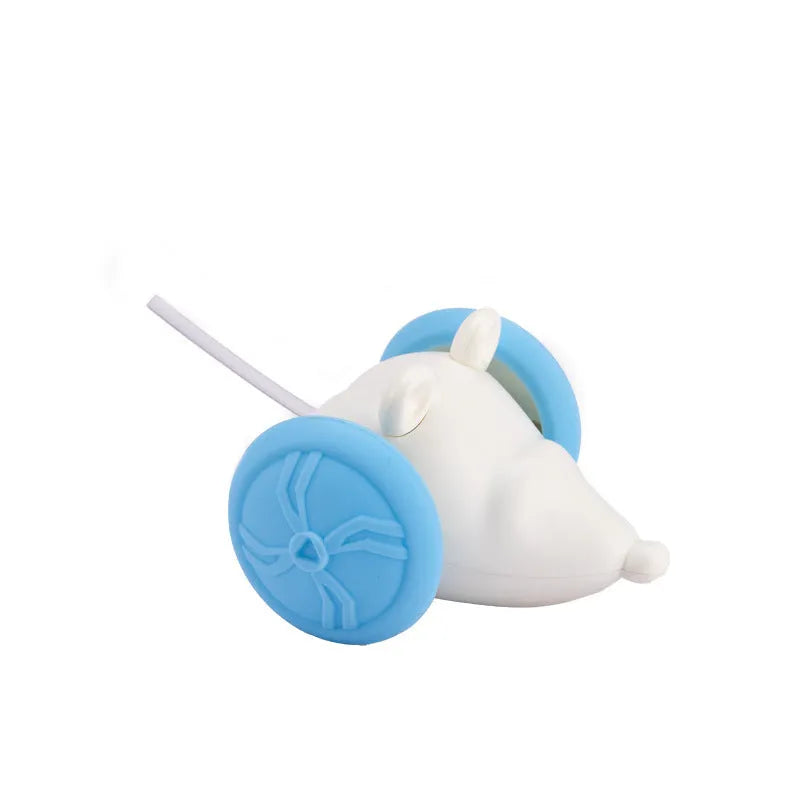 Blue and yellow electric cat toy mouse with remote control and charging cable for interactive pet play