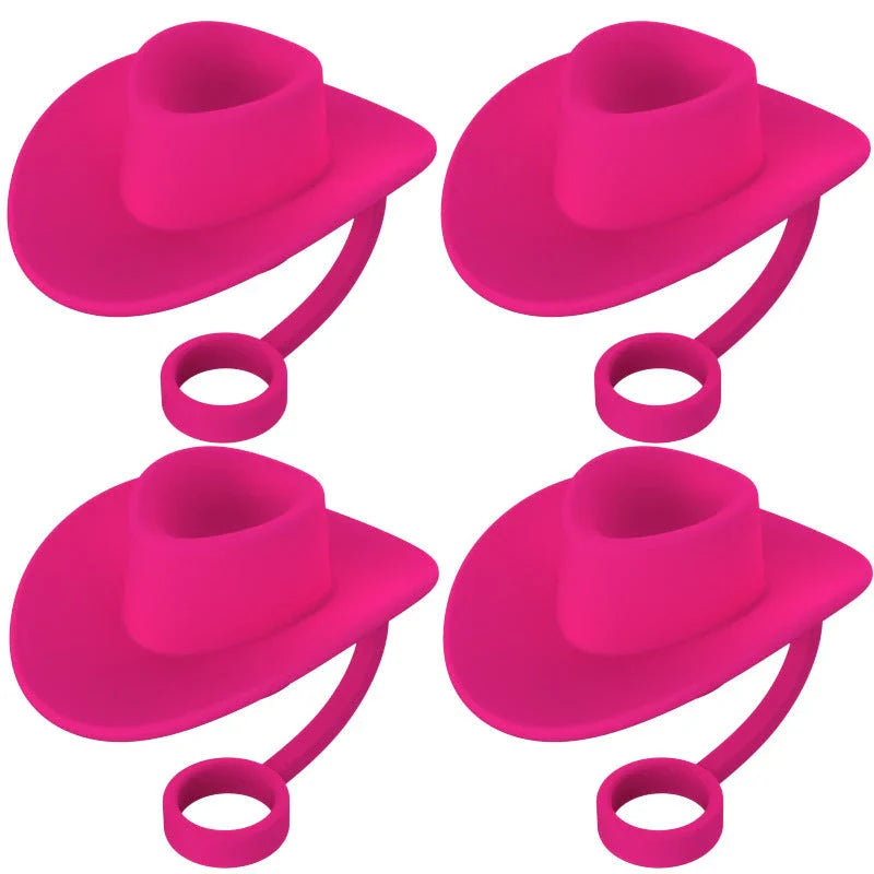 Stylish cowboy hat-shaped straw covers made of food-grade silicone in vibrant macaroon colors for protecting and decorating drinks