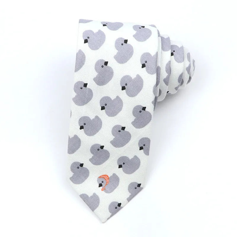 Korean style narrow men's cotton bow tie with a printed cartoon pattern on an adjustable fabric strap.