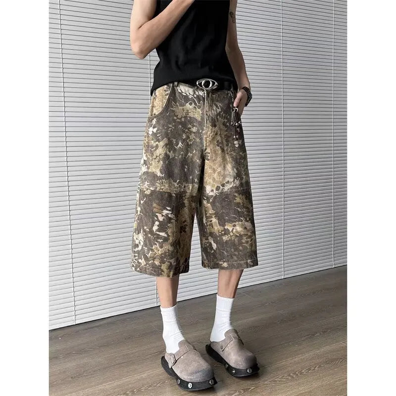 Yellow snake pattern tooling camouflage cropped jeans with 100% cotton denim, shown in sizes S to 3XL