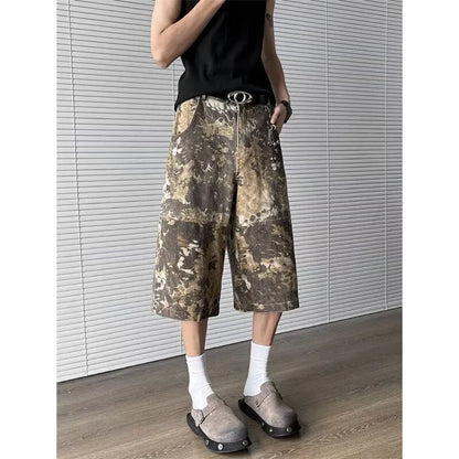 Yellow snake pattern tooling camouflage cropped jeans with 100% cotton denim, shown in sizes S to 3XL