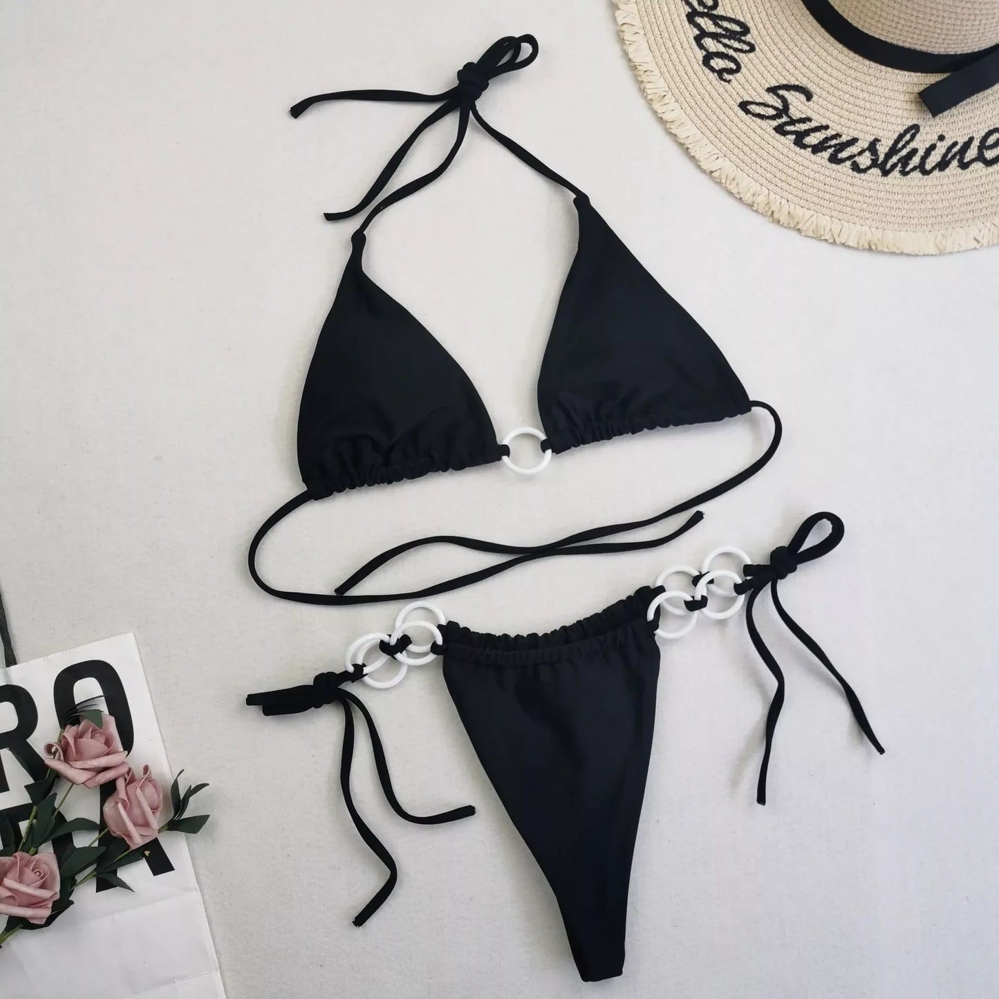 Women's split bikini with lace-up design and double fabric in various colours