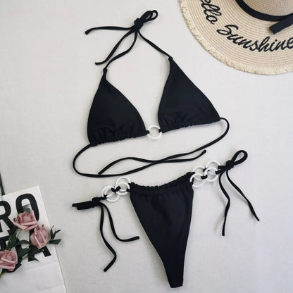 Women's split bikini with lace-up design and double fabric in various colours