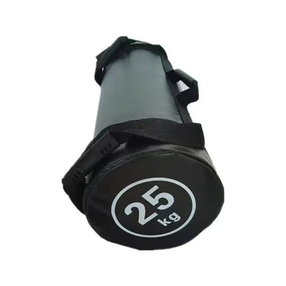 White PVC training sandbag with leather exterior shown in gym setting with weight options from 5kg to 30kg