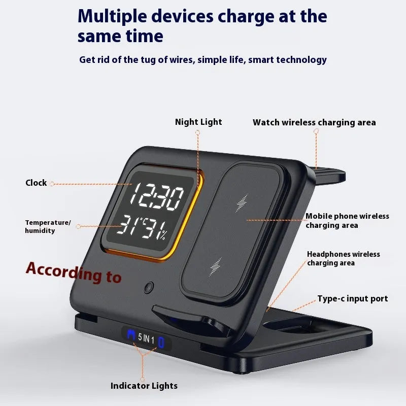 Black wireless charging station showing phone, watch and headphones charging, with digital clock display.