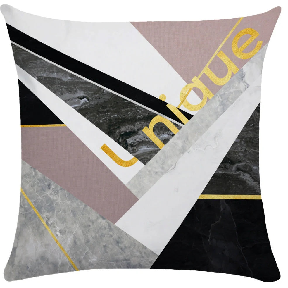 Geometric pattern throw pillow on office sofa showing 45x45cm size with ultra-flexible printing