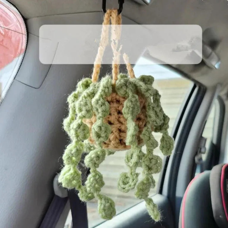 Green and white fishing style car plant decoration with 8cm base and 25cm hanging rope