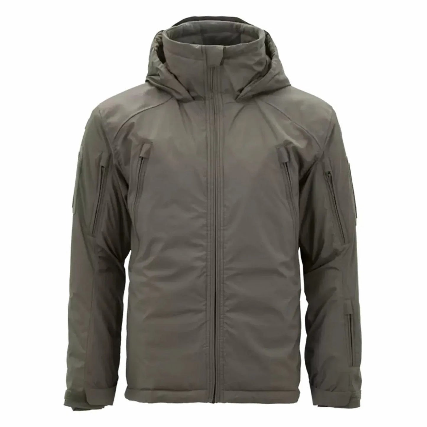Thick cotton winter jacket shown in camouflage colour on a hanger.