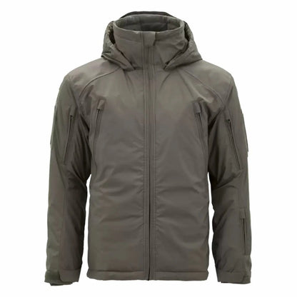 Thick cotton winter jacket shown in camouflage colour on a hanger.