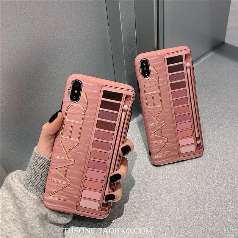 Silicone eye shadow phone case for iPhone showing flesh and grey colour options with precise port cutouts