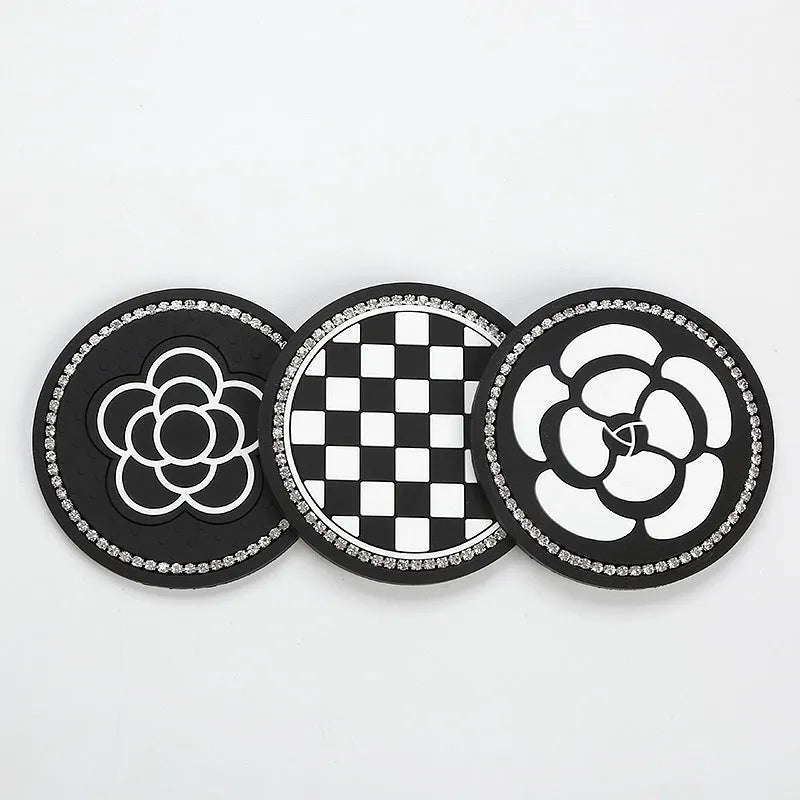 PVC plastic car cup holder mat with non-slip textured surface in black and white checkerboard pattern