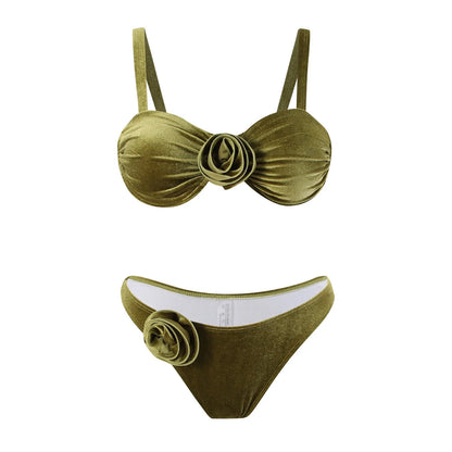 Green women's swimsuit with 3D floral pattern and briefs cut for swimming and fitness