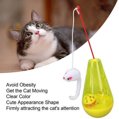 Blue and yellow cat toy with bell ball and plush mouse wand for indoor play