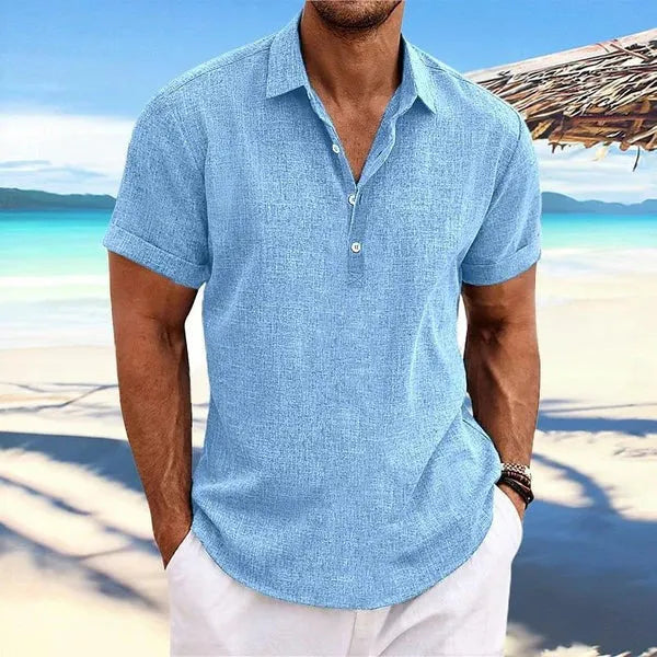 Men's light grey cotton blend cardigan with lapels and long sleeves on a hanger.