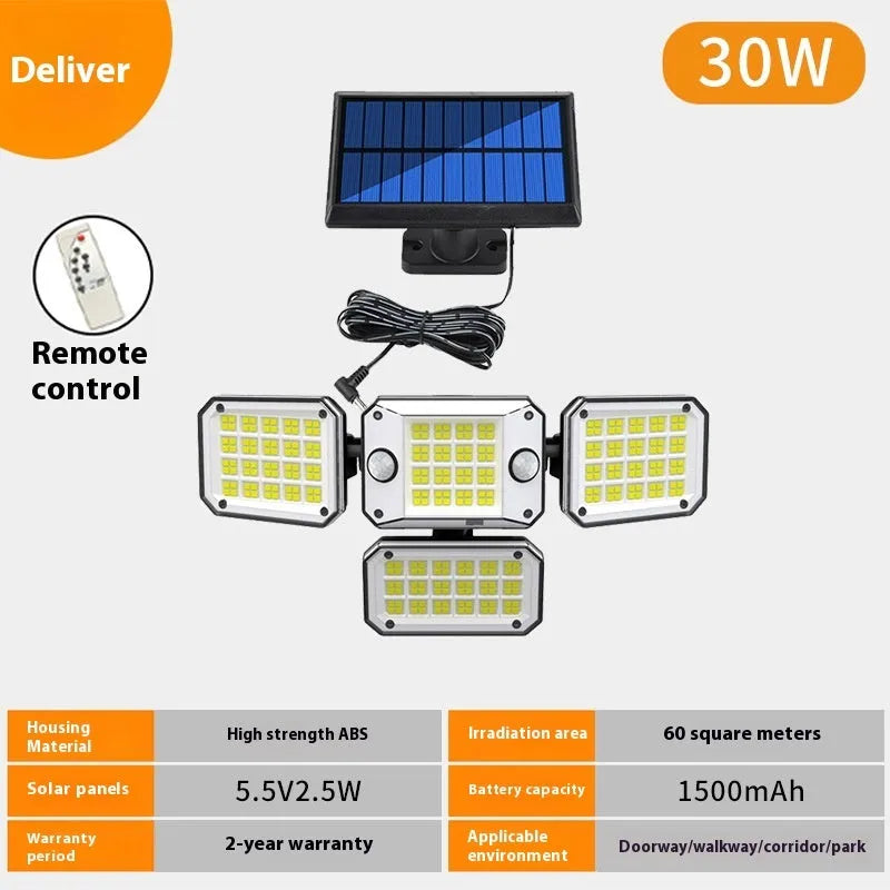 Multi-angle solar-powered garden lamp with motion sensor mounted outdoors