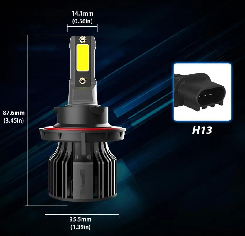 Close-up of a 6000K white LED car headlight bulb with adjustable chuck and connector, showing compact design.