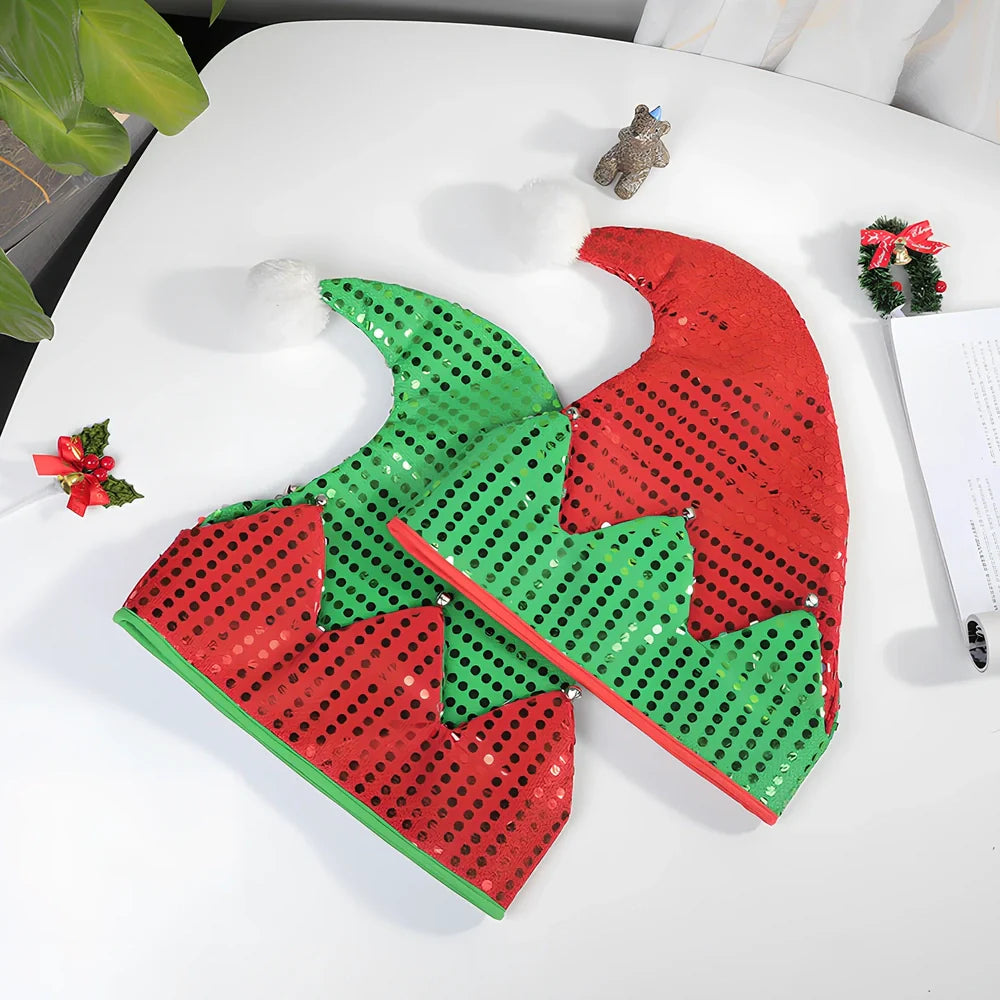 Red and green Christmas party hat made from non-woven fabric measuring 29.5cm by 29cm